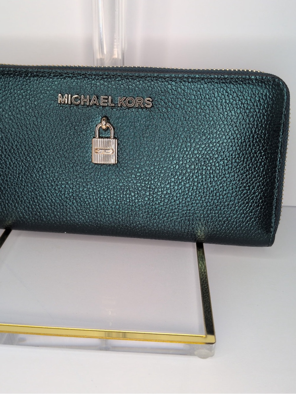 Michael Kors Metallic Teal Zip-Around Wallet with Gold Lock